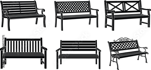 Park bench collection vector silhouettes, outdoor garden street furniture seating set isolated design elements illustration for landscape architecture projects