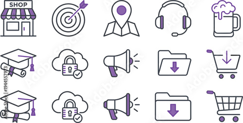 Modern business and ecommerce outline icons set with shop target map headset cloud security megaphone folder download and shopping cart vector