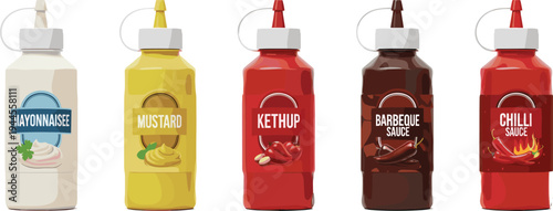 Sauce bottle collection with mayonnaise mustard ketchup barbecue sauce and chili sauce condiment packaging vector illustration set