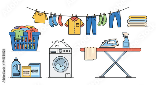 Colorful flat lay of various laundry items and appliances on a clean white background with a practical and organized mood.