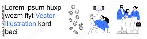 Financial technology, cryptocurrency economy, business meetings, remote work, online payments, modern work environment. Diverse people conducting digital transactions. Financial technology