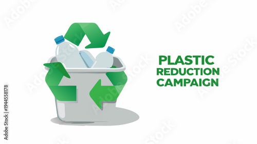 Plastic reduction campaign illustration with recycling symbol and trash can on white background promoting eco friendly living and waste management