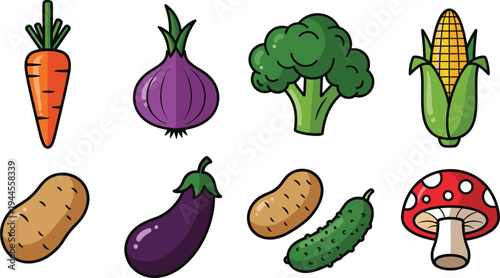 Vegetable icon set including carrot onion broccoli corn potato eggplant cucumber and mushroom colorful fresh farm vegetable vector illustration collection