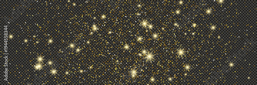 Gold glittering dust with stars on transparent backdrop