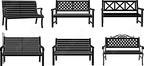 Park bench vector silhouette collection, outdoor garden seating furniture set isolated urban street bench illustration design template