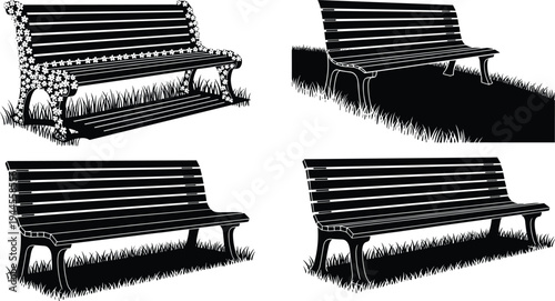 Park bench silhouettes with grass shadow, outdoor garden seating furniture vector illustration set for landscape and urban design