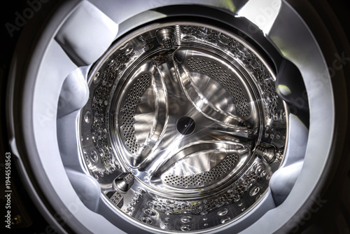 Stainless steel washing machine drum inside view