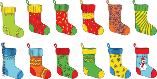 Colorful Christmas stockings collection with festive decorations, stars, hearts, holly leaves, snowman, stripes, swirls, cheerful holiday vector illustration