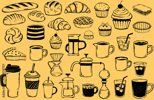 Hand drawn coffee and bakery doodle collection vector illustration featuring various coffee makers, mugs, croissants, cupcakes, and bread, black ink sketch on orange background in high quality EPS for