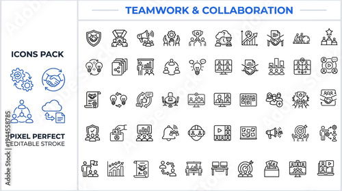Teamwork & Collaboration Icons — Partnership, Cooperation, Team, Communication, Office, Business, Group, Editable Stroke Vector Icons for Designers