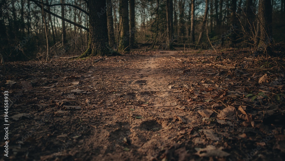 Obraz premium Winding narrow dirt footpath running through deciduous forest, showing dry leaves, twigs, moss