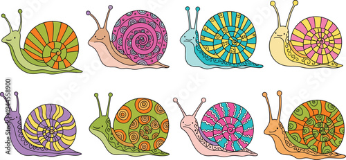 Colorful cartoon snail collection with patterned shells, whimsical antennae, cheerful expressions, vibrant designs, playful vector art for decorative illustration