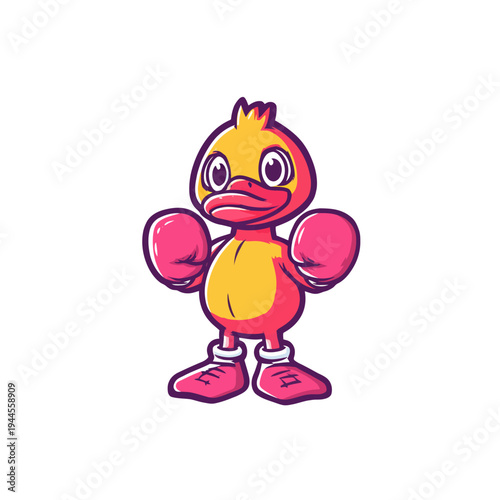 Dynamic cartoon duck mascot character with vibrant pink boxing gloves and matching shoes, ready for a fight, symbolizing playful courage and competitive spirit for sports or youth branding