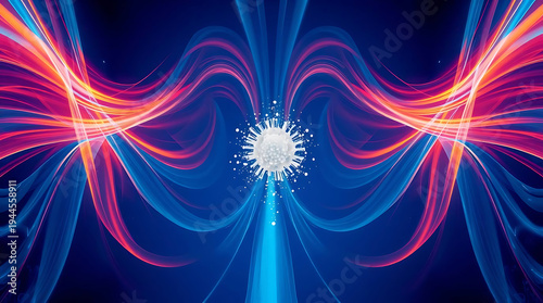 Abstract glowing white sphere with radiating energy waves in vibrant blue, red, and orange colors on a dark background, representing data flow or quantum computing.