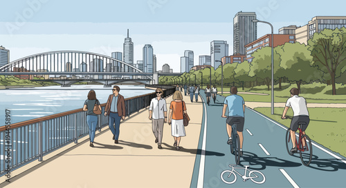 Urban waterfront promenade with cyclists and pedestrians, city skyline and bridge.