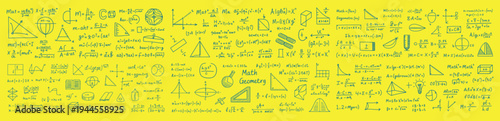 Hand drawn mathematical formulas and geometric shapes on a yellow background mathematics geometry equations
