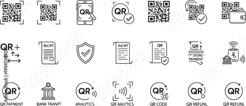 Digital QR Code & Scan Payment Icon Set - Mobile Scanner, Secure Pay, and Analytics Line Icons