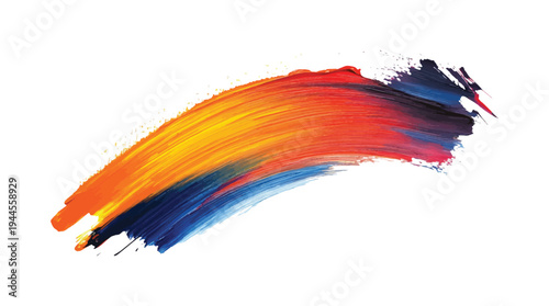 Vibrant abstract paint stroke with blended orange yellow red blue and dark purple colors on white background