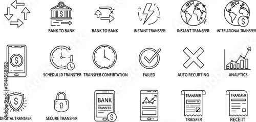 Digital Banking & Money Transfer Icon Set - Online Finance, Global Payment, and Bank Transfer Icons
