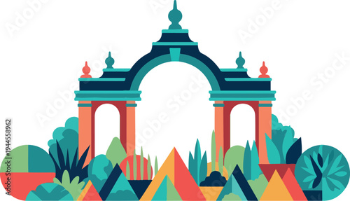 Vector illustration of colorful archway with foliage