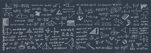 Chalkboard filled with hand drawn mathematical equations geometric shapes and scientific formulas in white