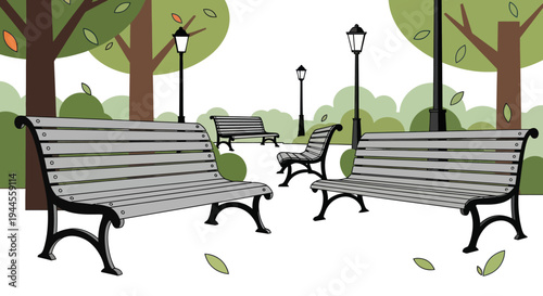 Autumn Park Benches with Falling Leaves and Lampposts