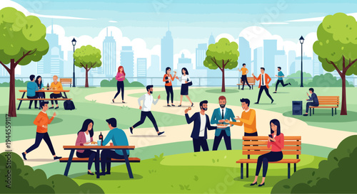 People enjoying a sunny day in a city park with picnic and recreation