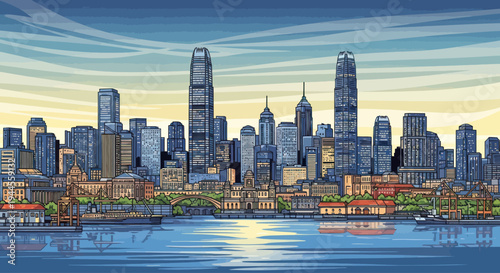 Pixel Art Cityscape with Tall Skyscrapers and Water Reflection