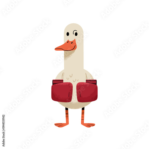 Amusing and determined cartoon duck character with a focused expression, proudly showcasing bright red boxing gloves, poised for a friendly and fun boxing challenge