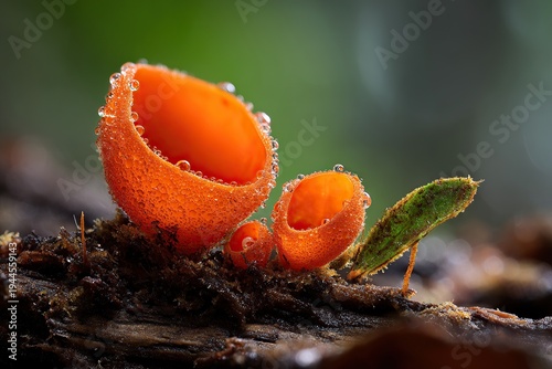 Cookeina speciosa orange cup fungus growing on tropical rainforest wood