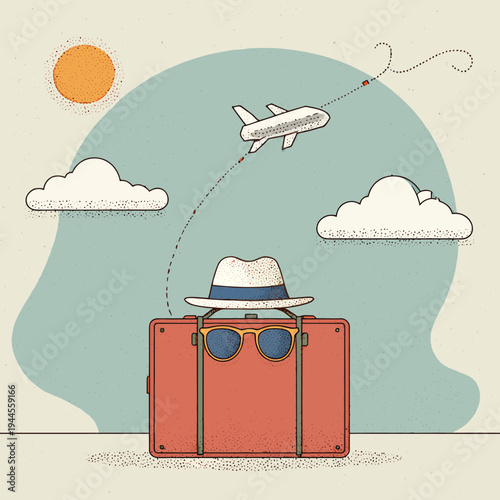 Vintage suitcase with a hat and sunglasses is ready for a journey, with a plane flying in the sky