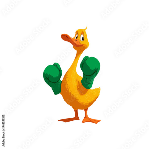 Cheerful yellow cartoon duck character with orange bill, confidently wearing bright green boxing gloves. Poised and ready for a playful challenge or friendly match, exuding determination and fun