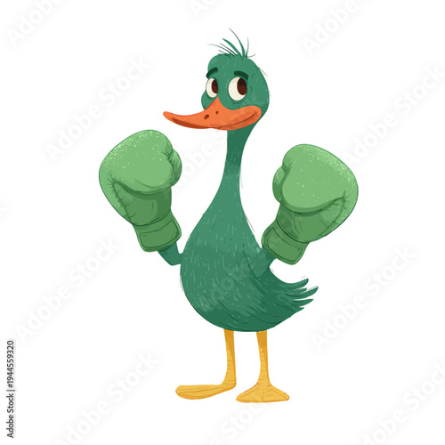 A playful cartoon illustration of a green duck wearing boxing gloves, ready for a friendly match, with a determined expression on its face, isolated on a white background