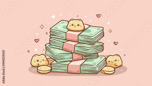 Cute cartoon characters happily surrounded by stacks of money and gold coins, depicting delightful financial abundance, savings, prosperity, and a whimsical journey to wealth