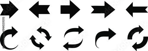 A collection of 10 black arrows on a white background pointing in various directions