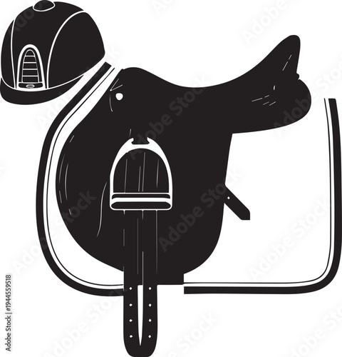 Equestrian saddle and helmet vector silhouette illustration equipment line art on transparent background