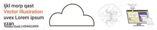 Cloud computing, machine learning, artificial intelligence, digital data storage, online services, future technology. Simplified cloud icon alongside AI network and computer interface. Cloud