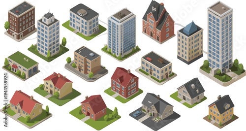 Isometric city buildings collection, residential houses apartments and commercial architecture structures for urban planning real estate and city design