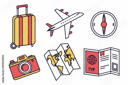 Colorful travel with suitcase airplane camera and map on white background