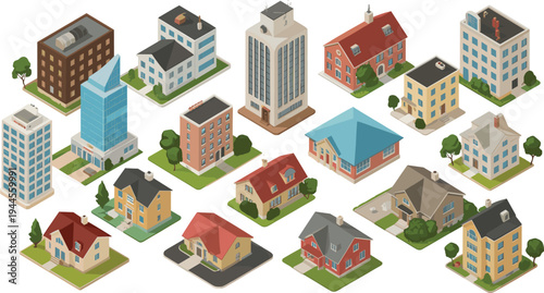 Isometric city buildings collection, residential houses and commercial buildings set including apartments offices urban architecture vector illustration pack