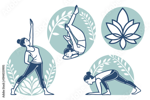 Various yoga poses and lotus flowers in blue and white leaves stretching
