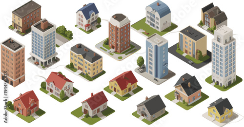 Isometric city buildings set, collection of residential houses apartments and commercial urban architecture structures for real estate and city design