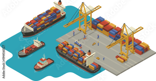 Isometric container port logistics terminal, cargo ships, shipping containers, harbor crane operations, global trade transportation, maritime freight industry illustration