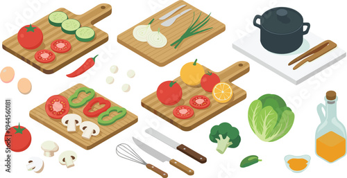 Isometric cooking ingredients and kitchen utensils collection, fresh vegetables cutting boards knives and cookware for healthy food preparation illustration