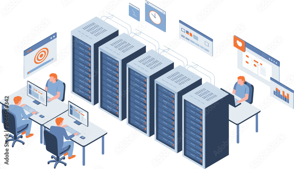 Obraz premium Isometric data center server racks, IT engineers monitoring cloud computing network infrastructure, database management technology illustration concept