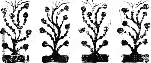 Silhouettes of four decorative plants with intricate branches and bulbous shapes in pots