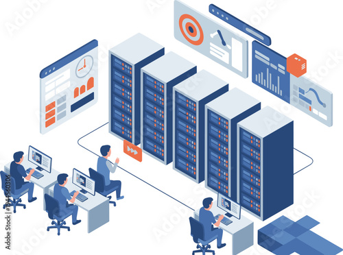 Isometric data center server infrastructure, cloud computing network monitoring dashboard, IT engineers managing database technology illustration concept