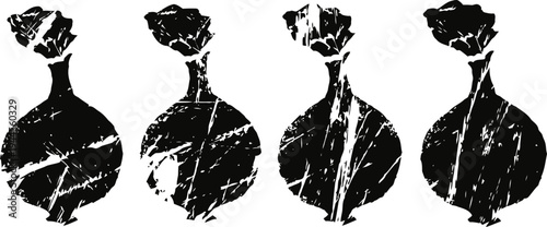 Four distressed vintage glass bottle silhouettes in a row with scratched texture