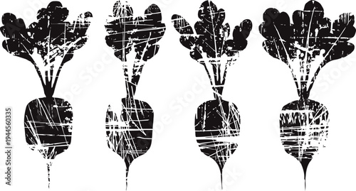 grunge black silhouettes of four different root vegetables with leaves