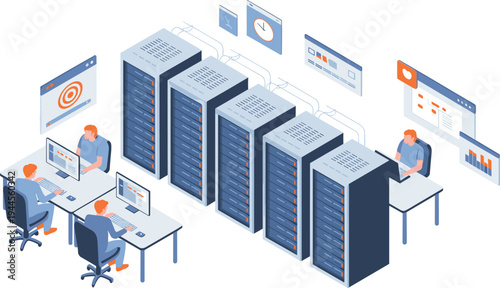 Isometric data center server racks, IT engineers monitoring cloud computing network infrastructure, database management technology illustration concept
